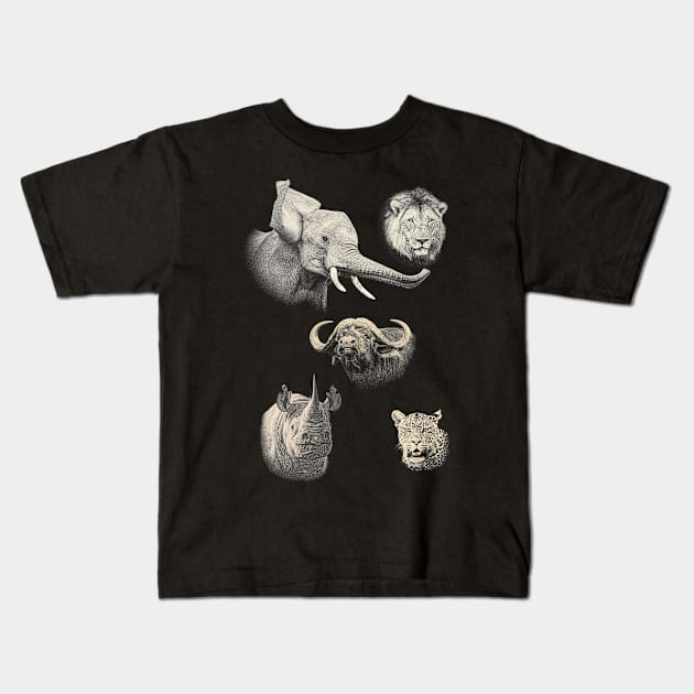 Africa's Big 5 Portraits in Vintage Sepia Kids T-Shirt by scotch